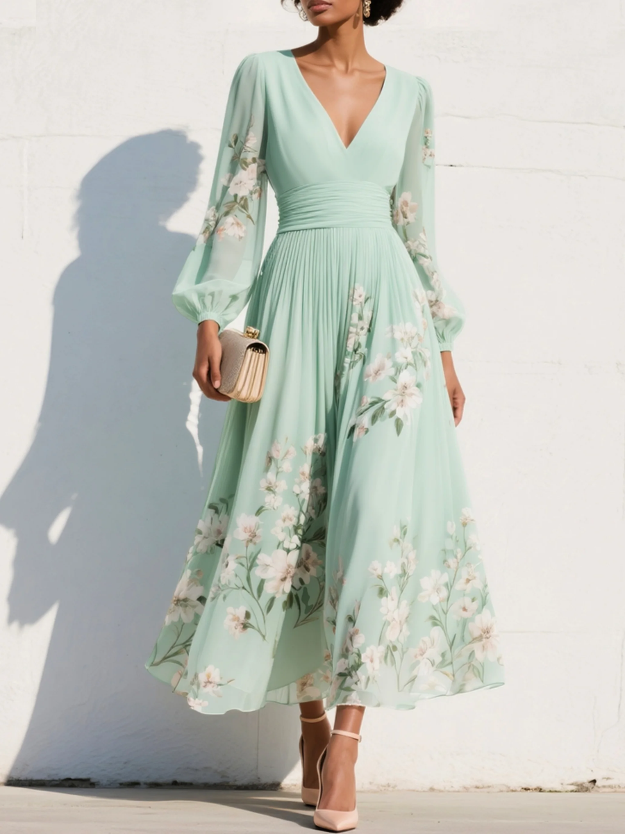 Nicola | Abito midi a fiori in chiffon con scollo a V